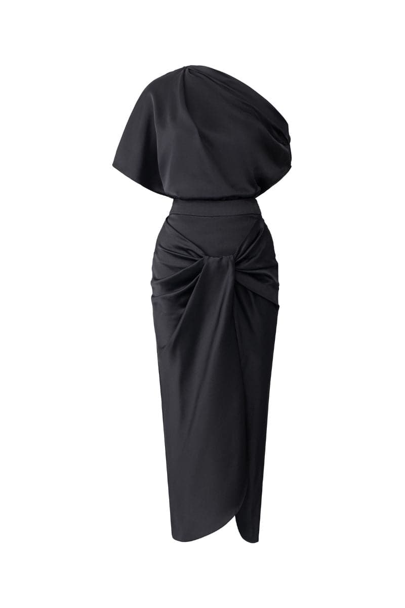 Pink AUBRIE draped asymmetrical top and JESSIE knotted skirt set by 21Six, stylish co-ords for a modern look.