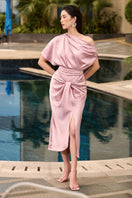 Pink AUBRIE draped asymmetrical top and JESSIE knotted skirt set by 21Six, stylish co-ords for a chic look.