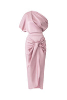 Pink co-ord set featuring a draped asymmetrical top and knotted skirt from 21Six, stylish and modern women's fashion ensemble.