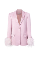 Baby pink Kiera taffeta feather blazer by 21Six, featuring a stylish blazer with feather details in a soft pink shade.
