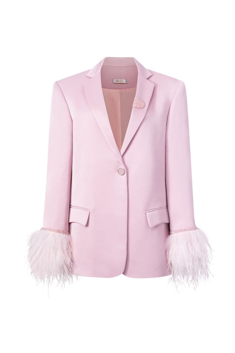 Baby pink Kiera taffeta feather blazer by 21Six, featuring a stylish blazer with feather details in a soft pink shade.