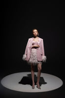Baby pink Kiera taffeta feather blazer by 21Six, featuring soft pink fabric and feather details, perfect for stylish occasions.