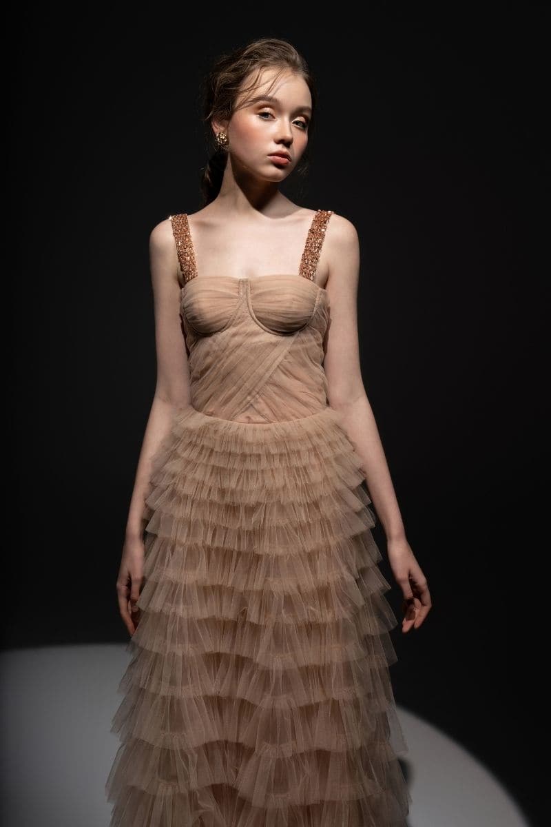 BEIGE LAURENT TULLE LAYERED MAXI DRESS | 21Six | CULT MIA