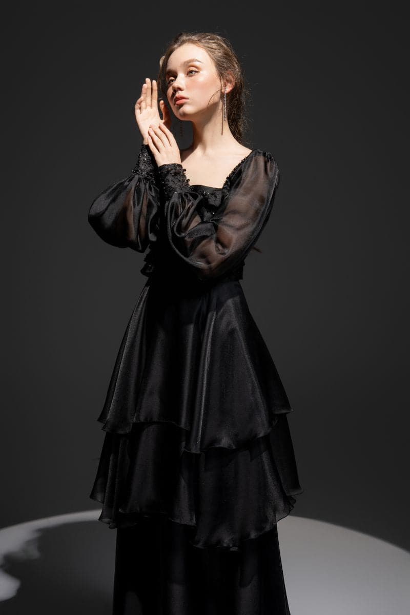 BLACK GAZELLE SHINY SILK LAYERED MAXI DRESS | 21Six | CULT MIA