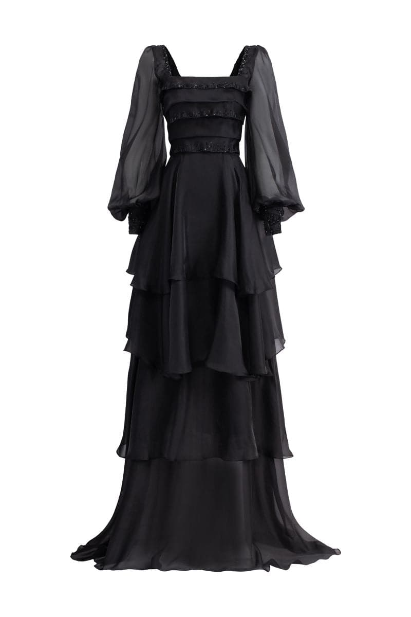 BLACK GAZELLE SHINY SILK LAYERED MAXI DRESS | 21Six | CULT MIA