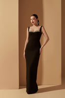 Black Jensen crystal bodycon dress by 21Six, close-up of fitted gown with crystal embellishments and elegant design.