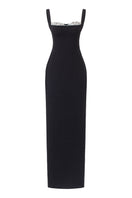 Black Jensen crystal bodycon gown by 21Six featuring a fitted silhouette and sparkling embellishments.