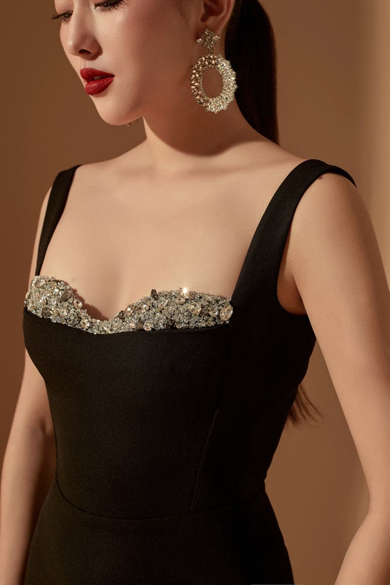 bodycon dress with rhinestones BLACK JENSEN CRYSTAL BODYCON DRESS | CULT MIA