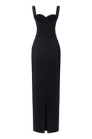Black Jensen crystal bodycon gown by 21Six, form-fitting dress with sparkling crystal embellishments, showcased on a mannequin.