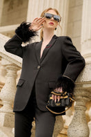 Black Kelly Taffeta Feather Suit Jacket by 21Six, tailored jacket with feather details, shown in black, size XS.