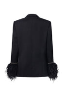 Black Kelly Taffeta Feather Suit Jacket by 21Six, tailored with feather details and classic jacket design, shown in black.
