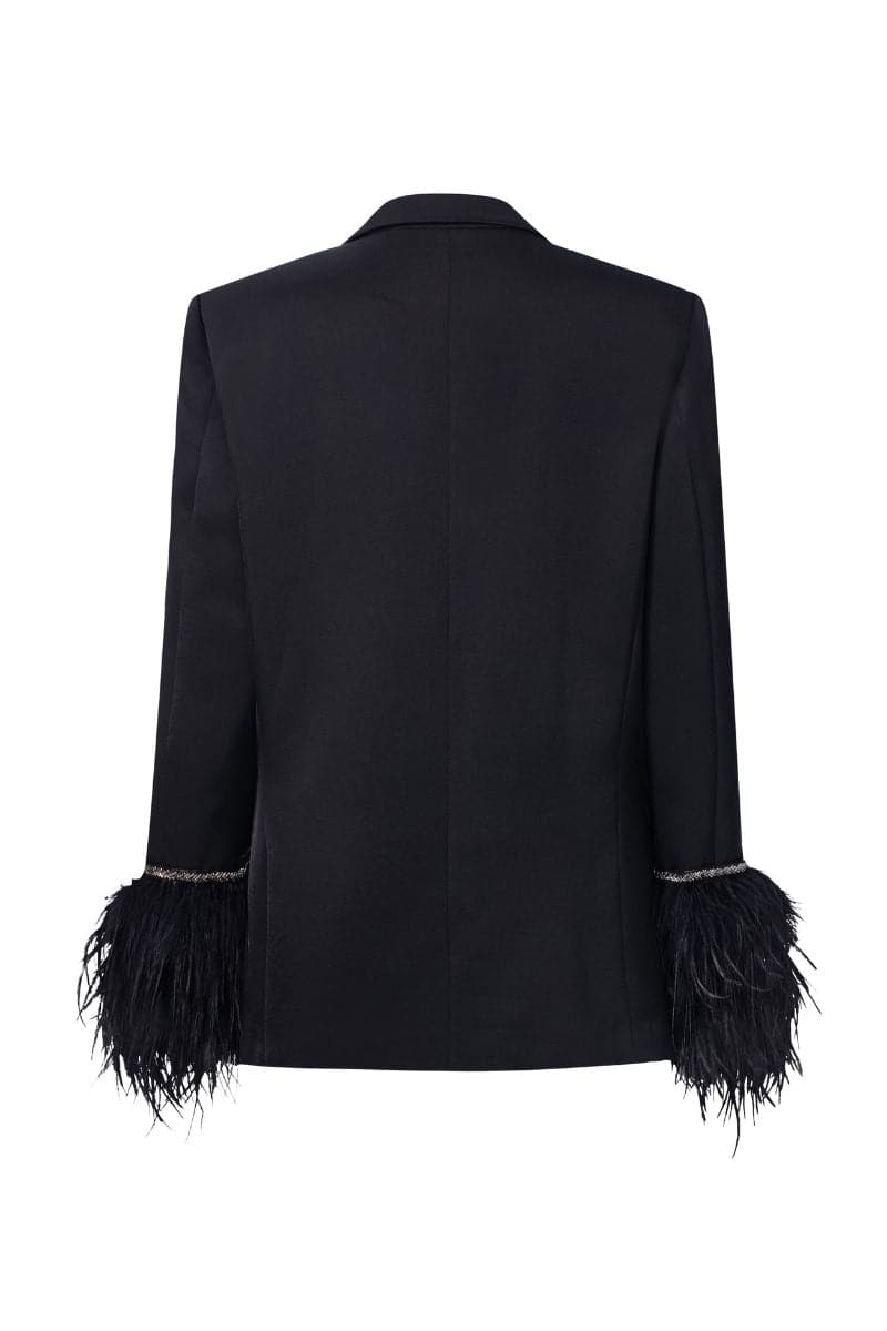 Black Kelly Taffeta Feather Suit Jacket by 21Six, tailored with feather details and classic jacket design, shown in black.