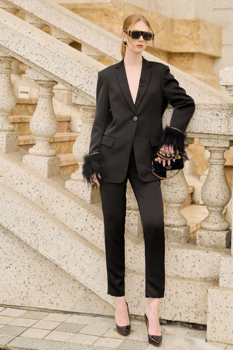 Black Kelly Taffeta Feather Suit Jacket by 21Six, stylish tailored jacket with feather accents, front view, size XS.