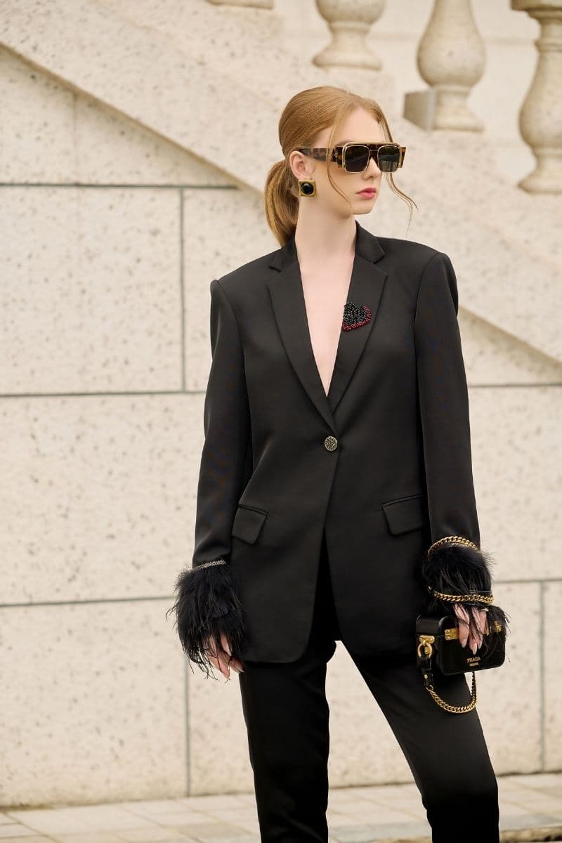 Black Kelly Taffeta Feather Suit Jacket by 21Six, tailored fit with feather detailing, lightweight and stylish for formal or elegant occasions