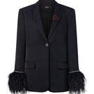 Black Kelly Taffeta Feather Suit Jacket by 21Six, tailored jacket with feather detail, lightweight taffeta fabric, slim fit style.