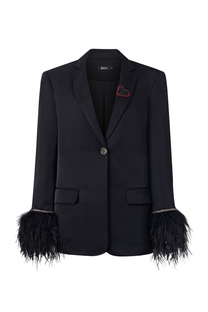BLACK KELLY TAFFETA FEATHER SUIT JACKET | 21Six | CULT MIA