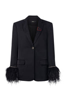 Black Kelly Taffeta Feather Suit Jacket by 21Six, tailored jacket with feather detail, lightweight taffeta fabric, slim fit style.
