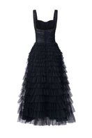 Black Laurent tulle layered gown by 21Six, featuring a flowing maxi design with delicate tulle fabric and elegant silhouette.