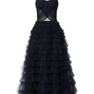 Black Laurent tulle layered gown by 21Six, featuring a flowing maxi design with delicate tulle fabric and elegant silhouette.