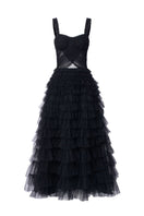 Black Laurent tulle layered gown by 21Six, featuring a flowing maxi design with delicate tulle fabric and elegant silhouette.