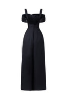 Black Monica taffeta chest cup jumpsuit by 21Six, featuring a fitted bodice and wide-leg pants in a sleek, shiny fabric.