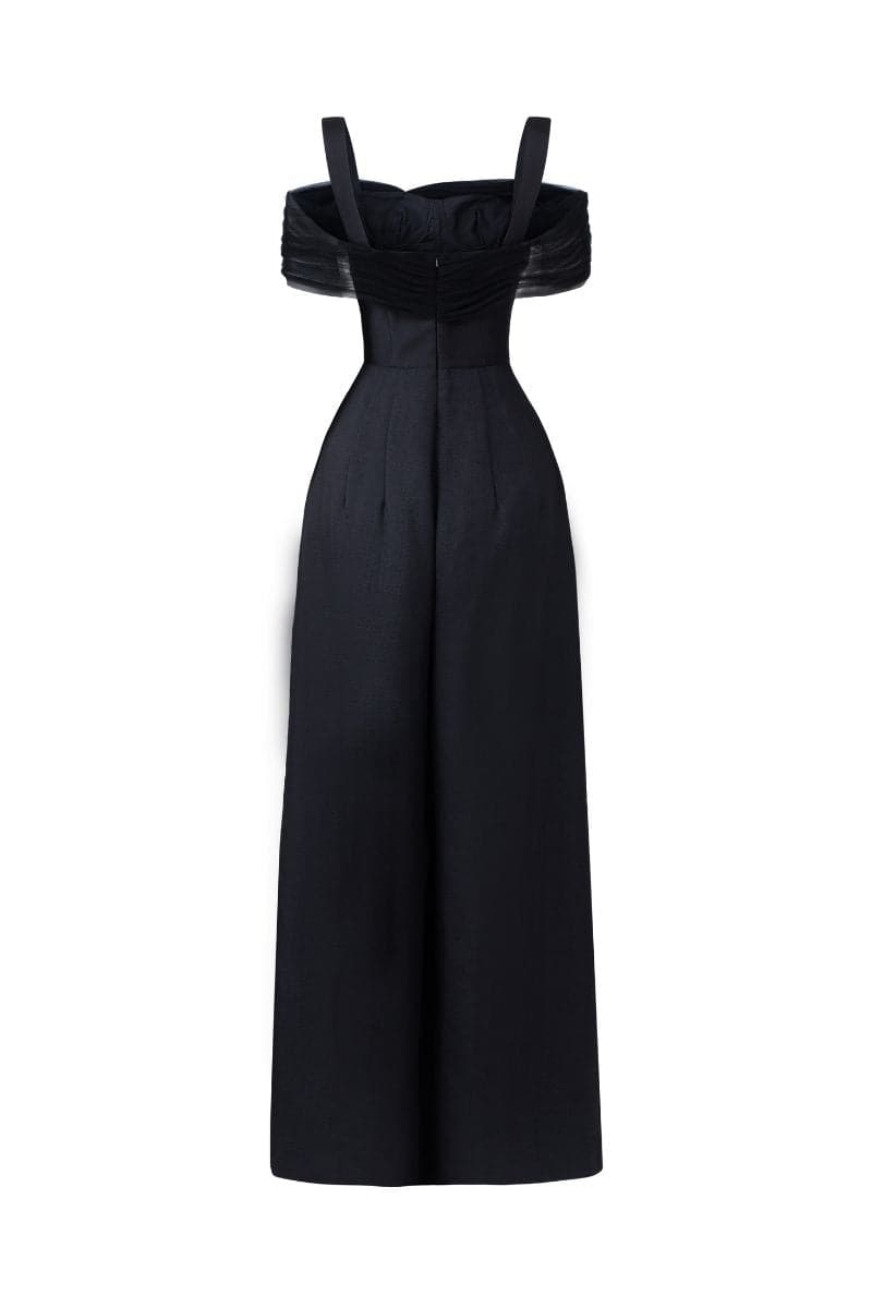 Black Monica taffeta chest cup jumpsuit by 21Six, featuring a fitted bodice and wide-leg pants in a sleek, shiny fabric.