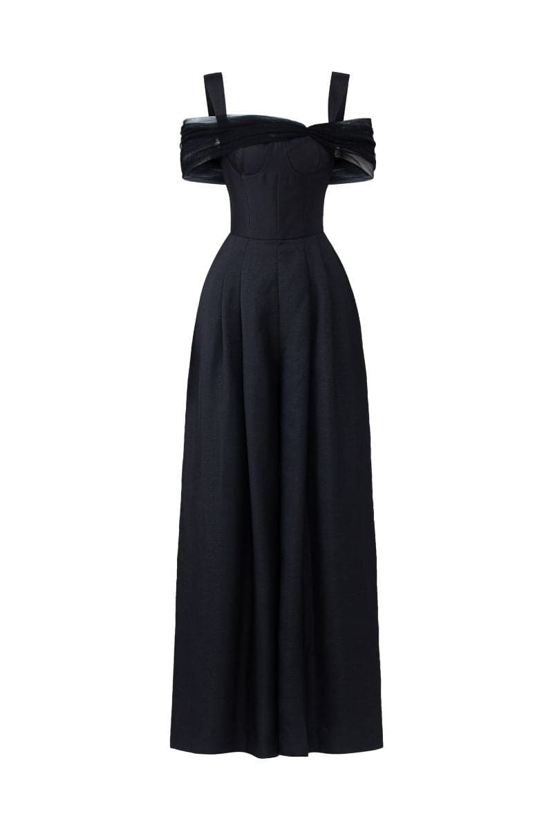 Black Monica Taffeta Chest Cup Jumpsuit by 21Six, featuring a fitted design and stylish taffeta fabric.
