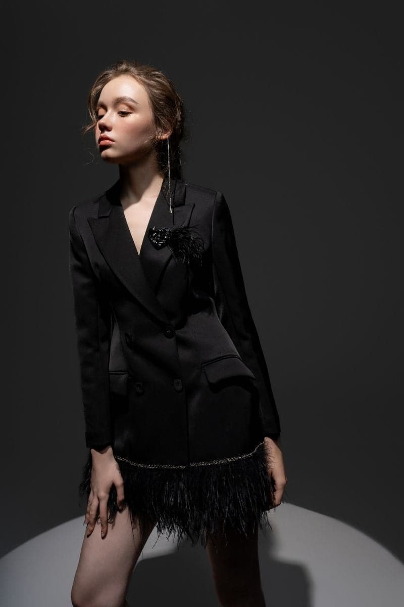 BLACK ROSA TAFFETA FEATHER BLAZER DRESS | 21Six | CULT MIA