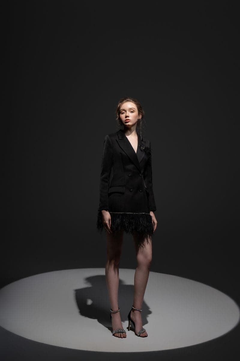 BLACK ROSA TAFFETA FEATHER BLAZER DRESS | 21Six | CULT MIA