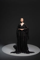 Black Sunie silk straight maxi dress by 21Six, featuring a sleek, flowing design and elegant silhouette in soft silk fabric.