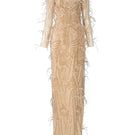 Beige Emily Crystal Lace Feather Dress gown by 21Six, featuring intricate lace details and feather accents for elegant occasions.
