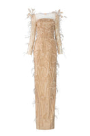 Beige Emily Crystal Lace Feather Dress gown by 21Six, featuring intricate lace details and feather accents for elegant occasions.