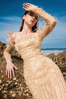 Beige Emily Crystal Lace Feather Gown by 21Six featuring intricate lace details and feather accents, fitted style in size XS.