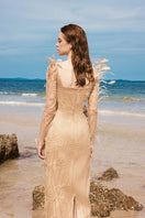 Beige Emily Crystal Lace Feather Dress by 21Six, elegant gown with intricate lace and feather details, XS size.