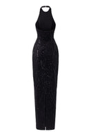 Black EVIE Crystal Lace Bodycon Dress by 21Six, close-up of fitted gown with intricate lace details and sheer accents.