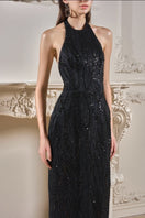 Black Evie Crystal Lace Bodycon Dress by 21Six featuring intricate lace details and a fitted silhouette.