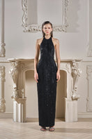 Black EVIE crystal lace bodycon gown by 21Six, close-up of fitted design with intricate lace details.