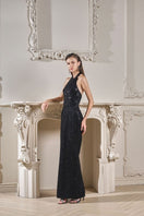 Black EVIE Crystal Lace Bodycon Dress by 21Six featuring intricate lace details and a fitted silhouette for elegant evening wear.