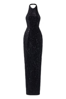 Black Evie crystal lace bodycon gown by 21Six, featuring intricate lace details and a fitted silhouette.