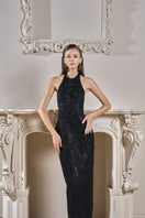 Black EVIE crystal lace bodycon gown by 21Six, featuring intricate lace design and a fitted silhouette.