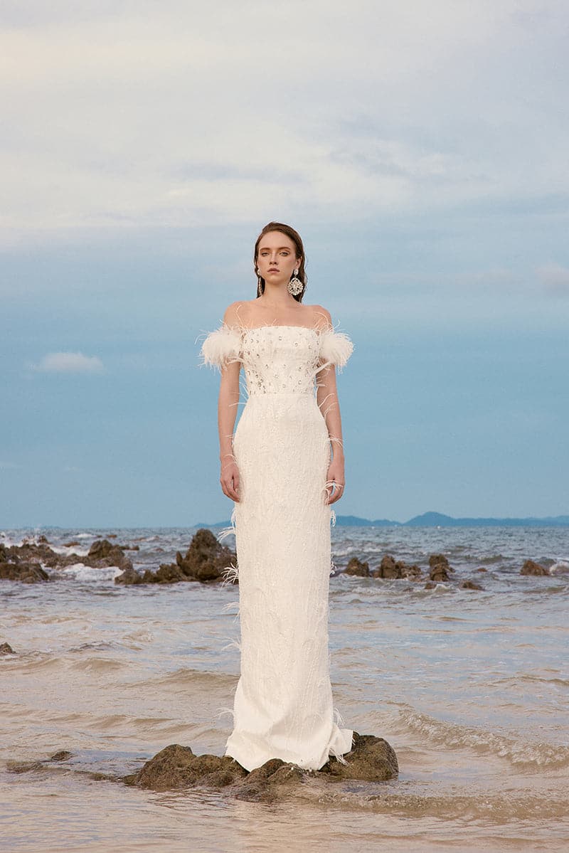 off the shoulder feather dress white Off Shoulder Oriel Feather Gown