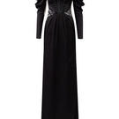 Black silk satin gown with draped sleeves from 21Six, featuring a sleek, elegant design for formal occasions.