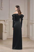 Black silk satin gown with draped sleeves and a sleek fit, designed by 21Six. Elegant evening dress with a sophisticated silhouette.
