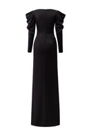 Black silk satin gown with draped sleeves from 21Six, featuring a sleek, elegant design and a fitted silhouette.