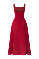 Red Liliana Taffeta U-line midi dress by 21Six, showcased with a fitted bodice and flared skirt in a close-up view.