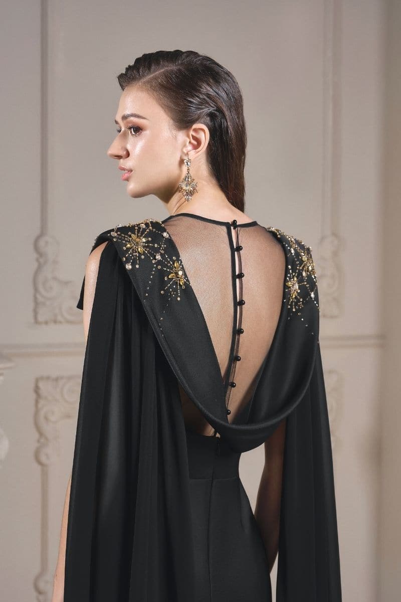 NATALIE BLACK TAFFETA CRYSTALS AT EPAULETTES DRESS | 21Six | CULT MIA