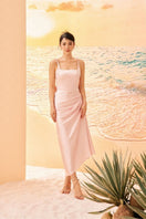 Pink Zuri silk satin asymmetric midi evening dress by 21Six, shown in a stylish, flowing design with elegant draping.