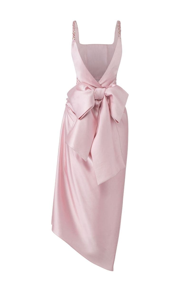 Pink Zuri silk satin asymmetric evening midi dress by 21Six, featuring a flowing silhouette and elegant design.
