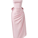 Pink Zuri silk satin asymmetric midi evening dress by 21Six, featuring a flowing design and elegant silhouette.