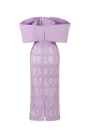 Purple Georgy lace bodycon midi dress by 21Six, featuring a fitted silhouette and intricate lace details.